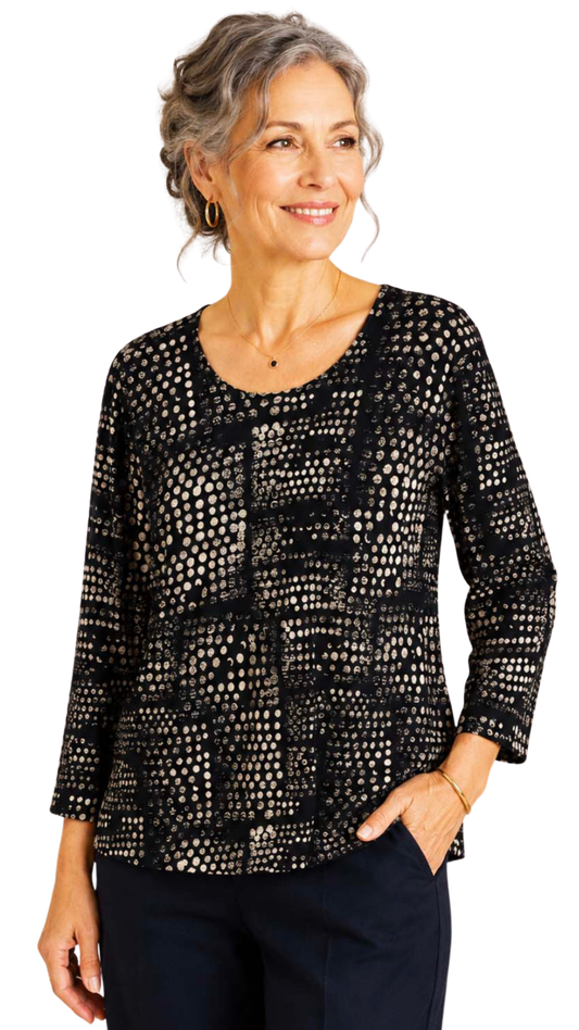 Petite Printed Round Neck 3/4 Sleeve Top. Style JDA4251-P9
