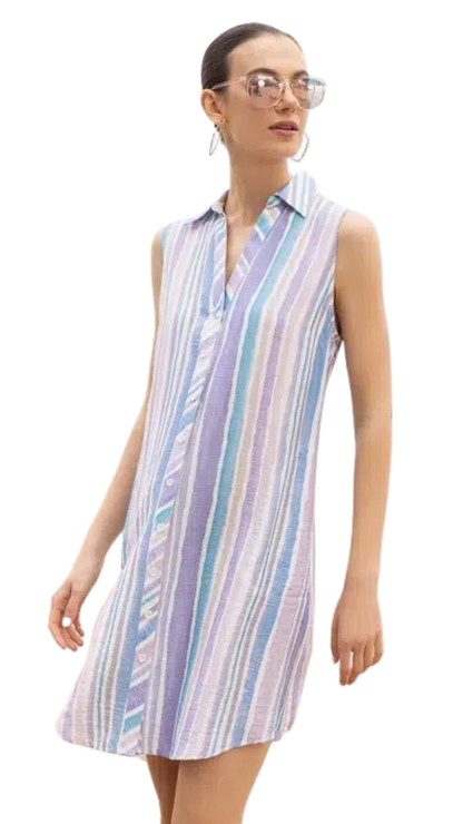 Button Front Vertical Stripes Sleeveless Dress. Style ALS47355