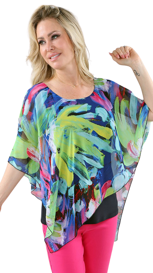 Angled Hem Sheer Poncho Attached Cami Under Layer Top. Style MT26S197