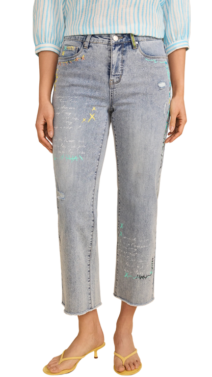 Graffiti Details Cropped Frayed Bottom Jeans. Style FD2203779