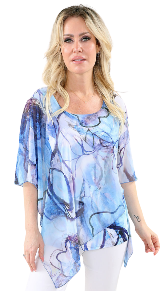 Angled Hem Sheer Poncho Attached Cami Under Layer Top. Style MT26S197