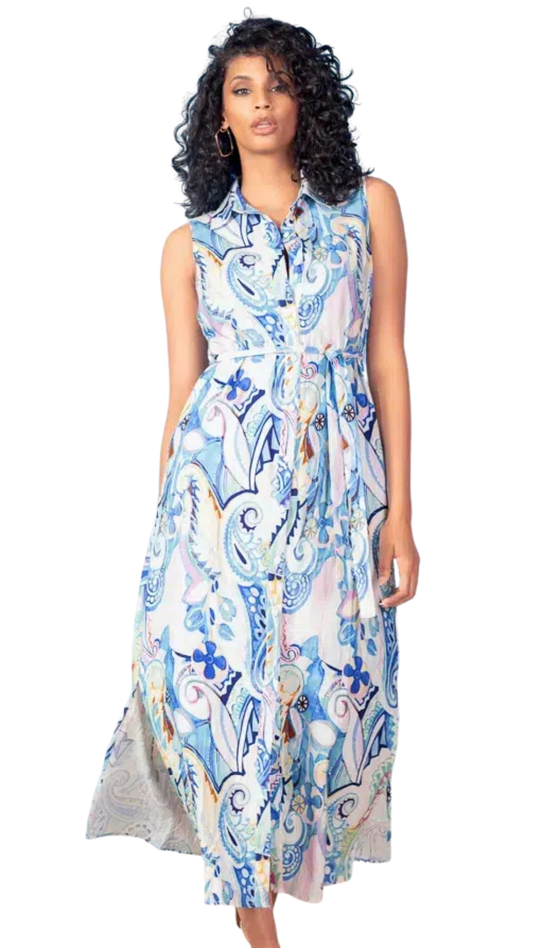 Abstract Print Button Front Sleeveless Dress. Style ALS47150