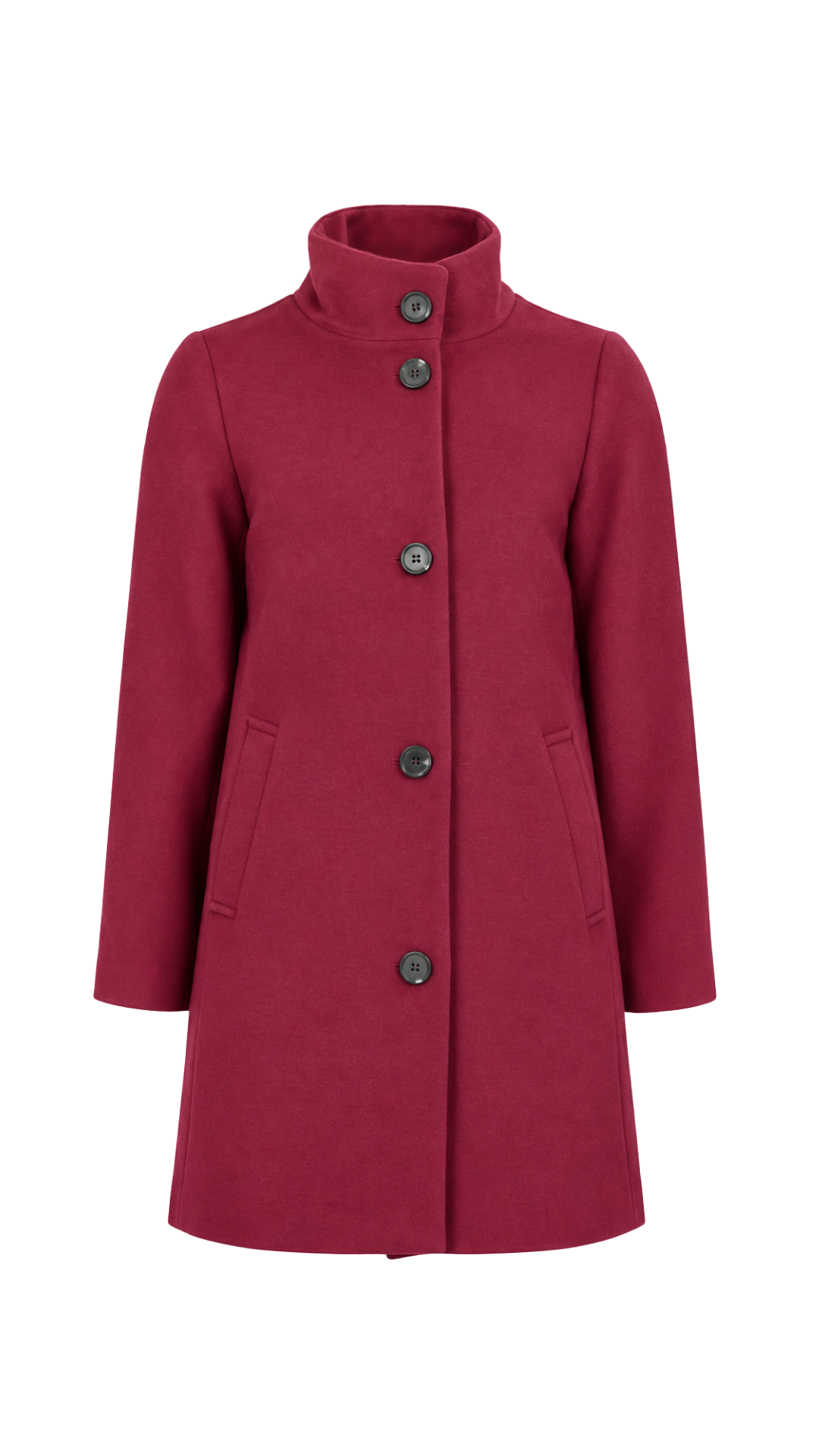 Raised Neck Button Front Classic Wool Coat. Style FR586