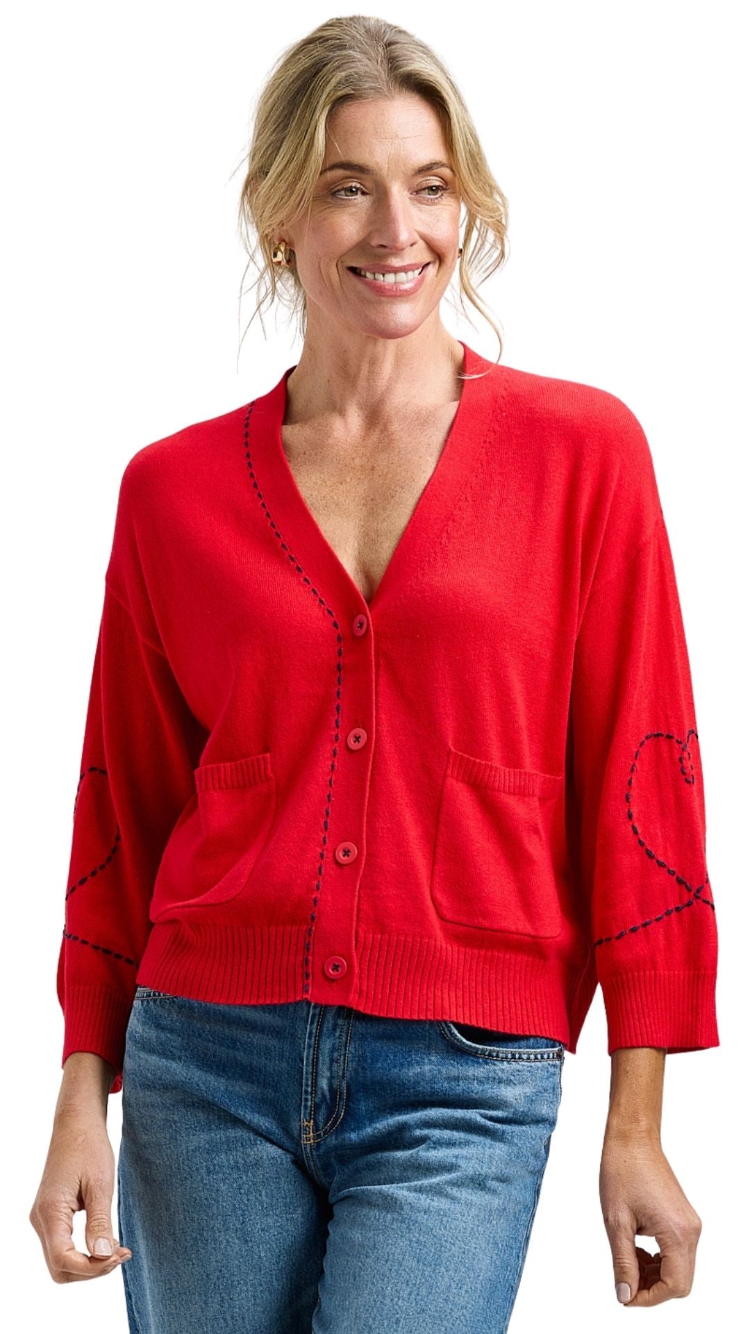 Dotted Embroidered Heart On Sleeve Design Cardigan. Style ZKP8432U