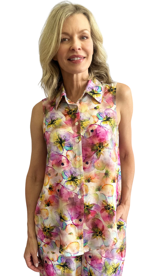 Floral Sleeveless Collar Button Front Tank Blouse. Style SW202569
