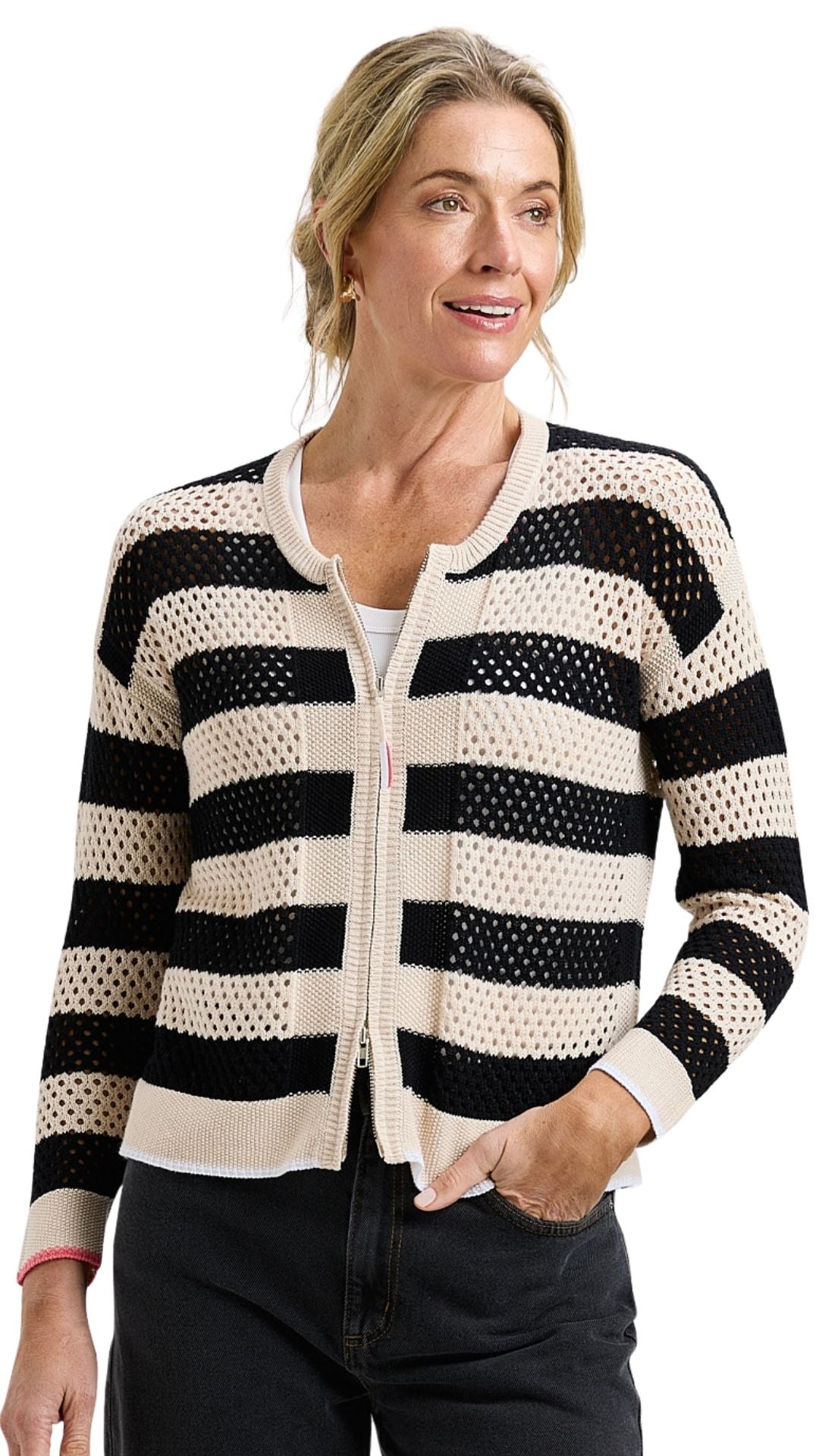 Zip Front Striped Holey Knit Cardigan. Style ZKP8418U