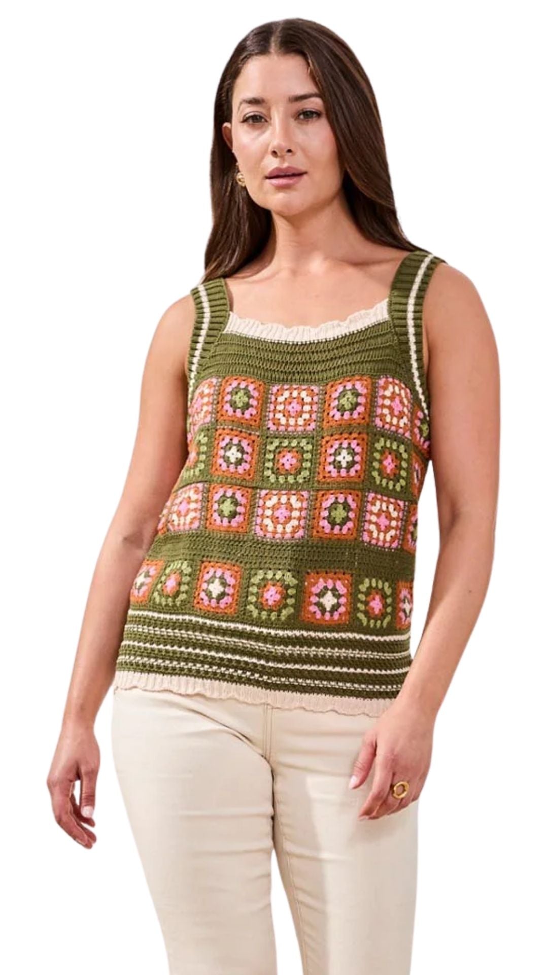 Crochet Knit Square Neck Scalloped Hem Camisole. Style TR6113O-576