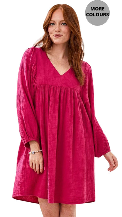 Crinkle Gauze V-Neck Empire Waist Balloon Sleeve Dress. Style TR6055O-4555