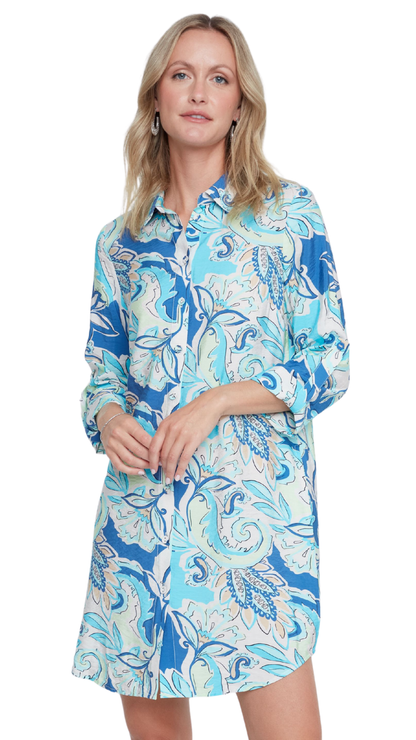 Roll-Up Sleeve Button Front Printed Dress. Style REN4367-439