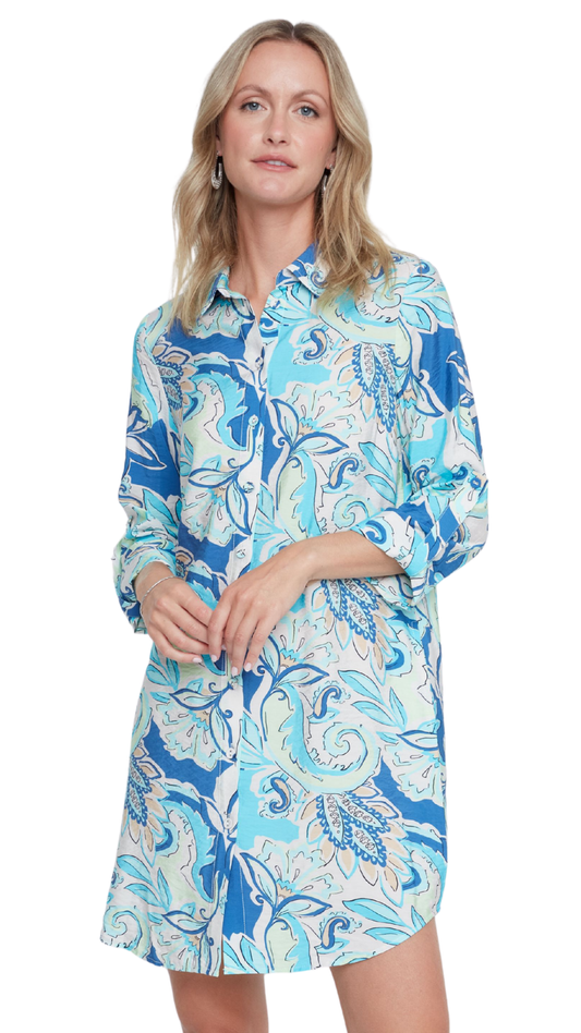 Roll-Up Sleeve Button Front Printed Dress. Style REN4367-439