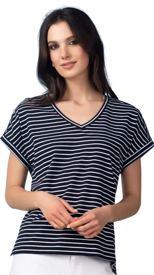 V-Neck Striped Small Rhinestone Anchor Decal Top. Style ALS47469