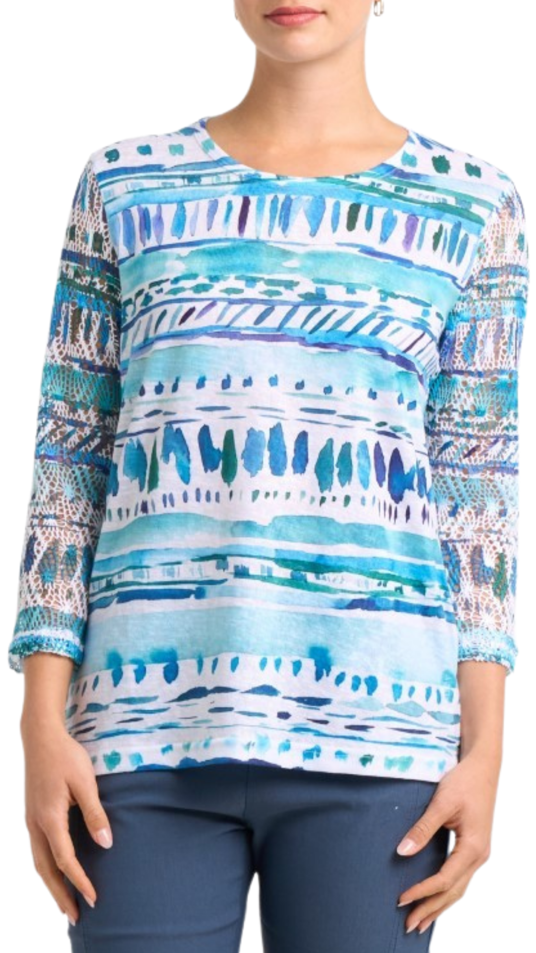 Abstract Print Lace 3/4 Sleeve Top. Style MIMXL355