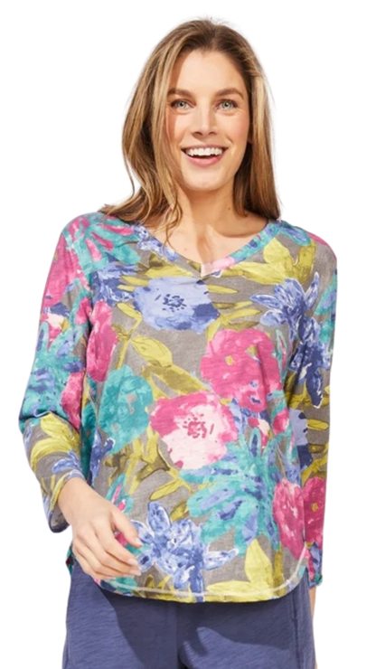V-Neck Botanical Blooms Cotton Slub Layer Top. Style ESC91206