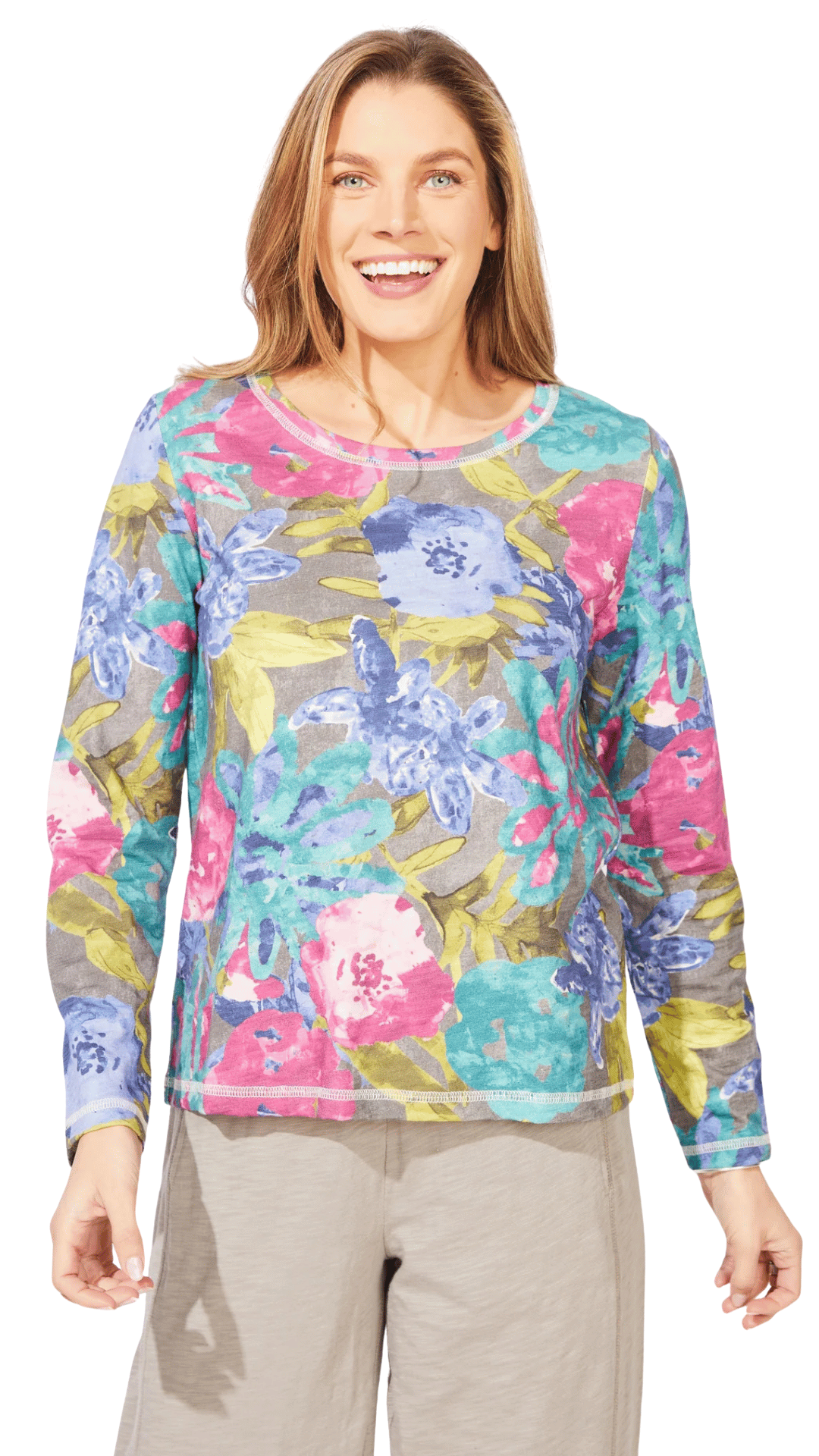 Round Neck Botanical Blooms Cotton Slub Layer Top. Style ESC91201