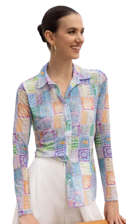 Mesh Patchwork Print Button Up Blouse. Style ALS47350