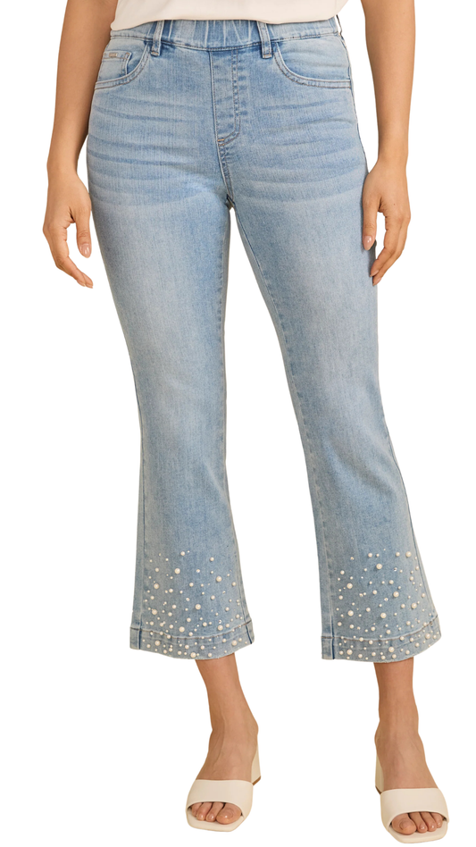 Boot Cut Pearls & Rhinestones Embellishment Cropped Jeans. Style FD2359669