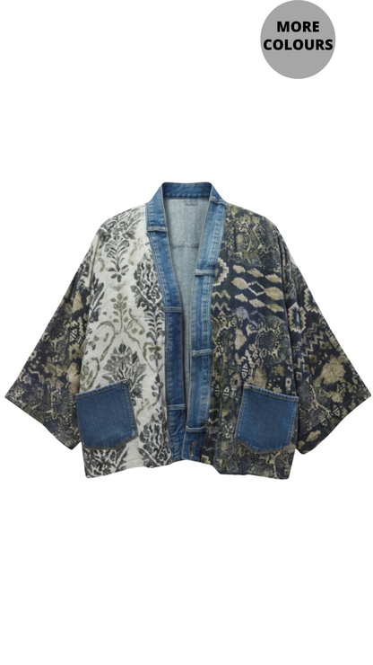 Printed & Denim Trim Open Front Loose Cardigan. Style SHNP5262