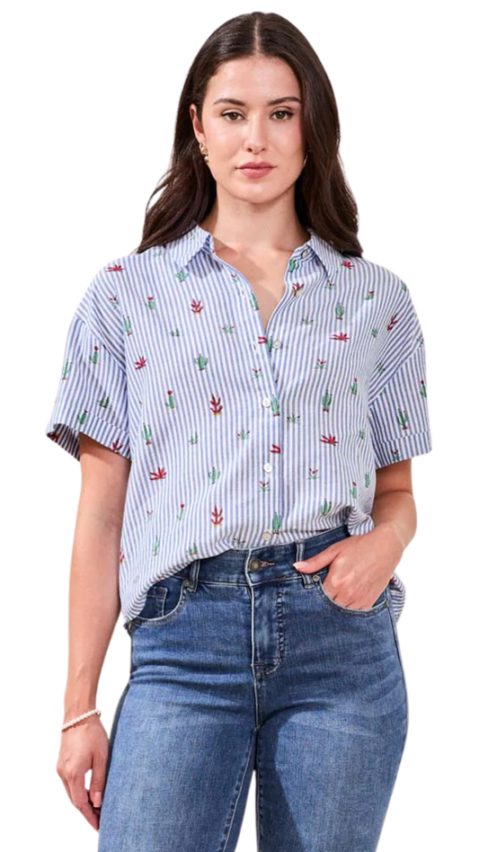 Short Sleeve Button Front Stripes & Cactus Print Top. Style TR3101O-8385