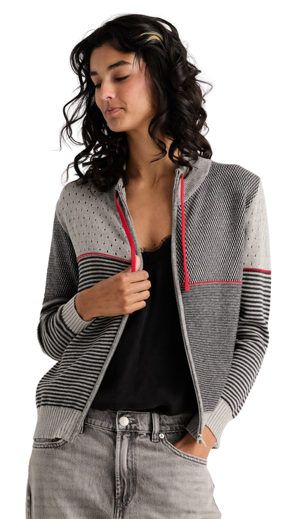 Zip Front Red Details Knit Pattern Blocking Cardigan. Style ZKP8524U