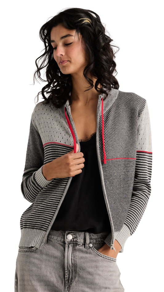Zip Front Red Details Knit Pattern Blocking Cardigan. Style ZKP8524U