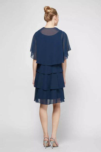 Tiered Chiffon Jacket Beaded Neck Detail Dress. Style SL112296