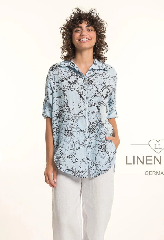 Collared Button Front Roll-Up Sleeve Floral Print Blouse. Style LLTP1782P