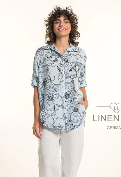 Collared Button Front Roll-Up Sleeve Floral Print Blouse. Style LLTP1782P