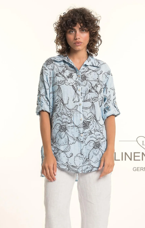 Collared Button Front Roll-Up Sleeve Floral Print Blouse. Style LLTP1782P