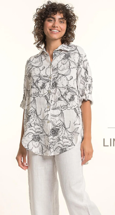 Collared Button Front Roll-Up Sleeve Floral Print Blouse. Style LLTP1782P