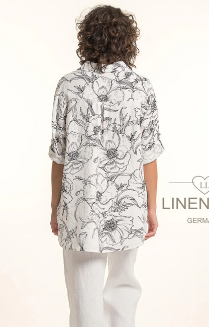 Collared Button Front Roll-Up Sleeve Floral Print Blouse. Style LLTP1782P