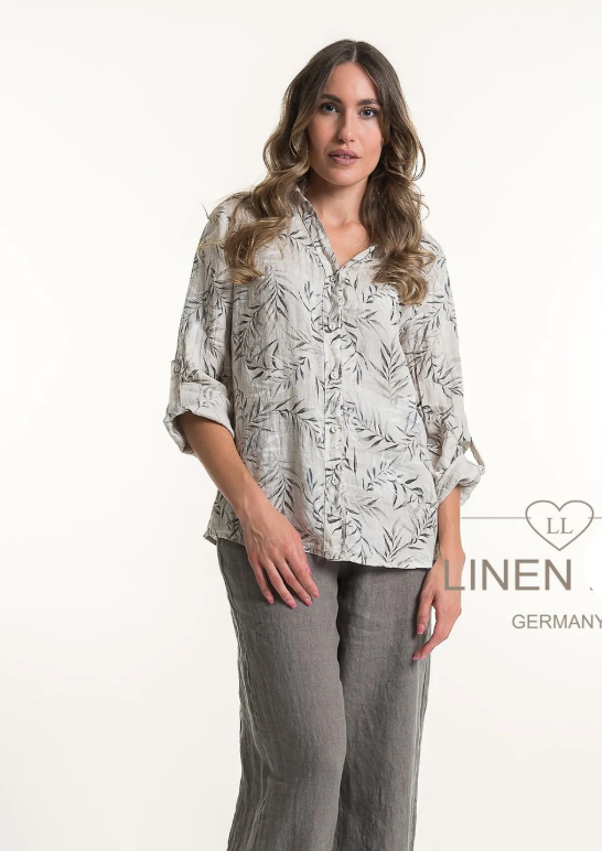 Button Front Hip Length Leaf Print Blouse. Style LLTP1728P