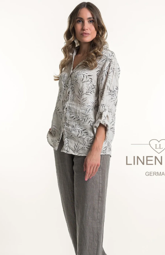 Button Front Hip Length Leaf Print Blouse. Style LLTP1728P