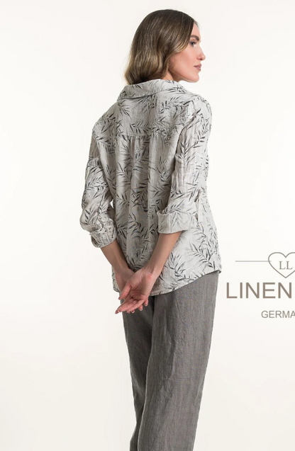 Button Front Hip Length Leaf Print Blouse. Style LLTP1728P