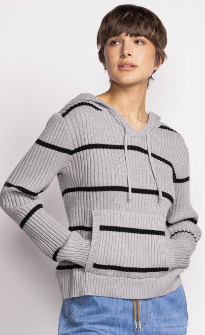 Selena Striped Grey Knit Hoodie. Style PMSW-2471GY