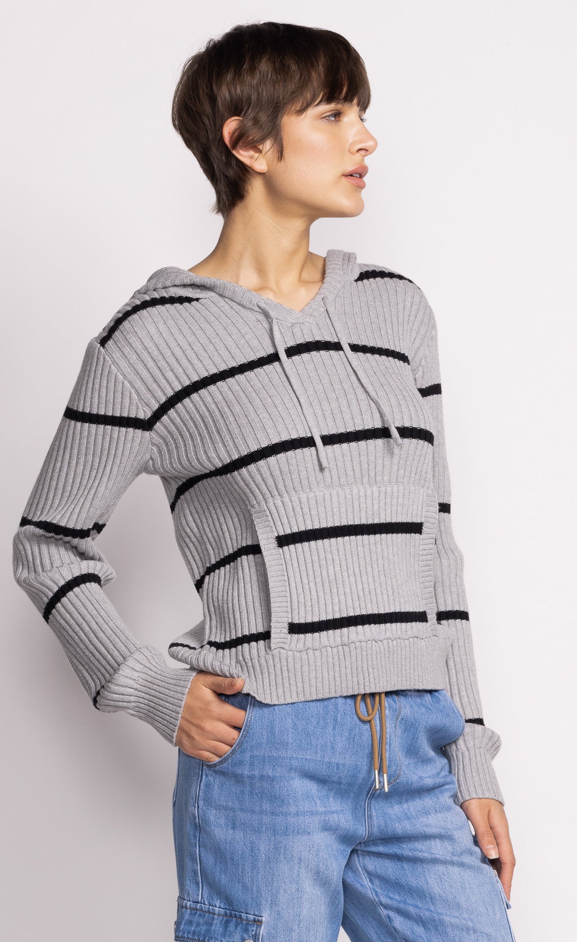 Selena Striped Grey Knit Hoodie. Style PMSW-2471GY