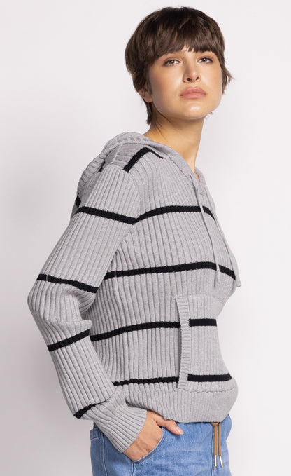 Selena Striped Grey Knit Hoodie. Style PMSW-2471GY