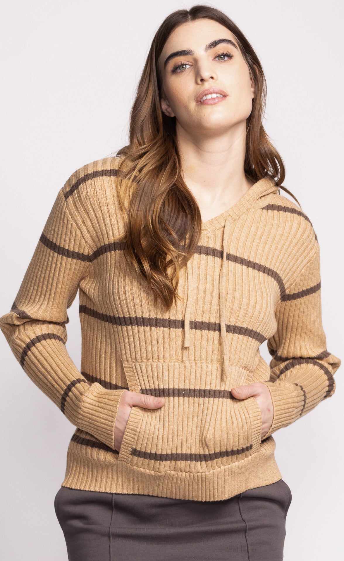 Selena Striped Beige Knit Hoodie. Style PMSW-2471B