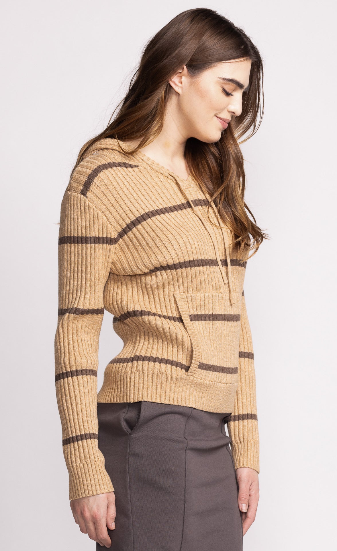 Selena Striped Beige Knit Hoodie. Style PMSW-2471B