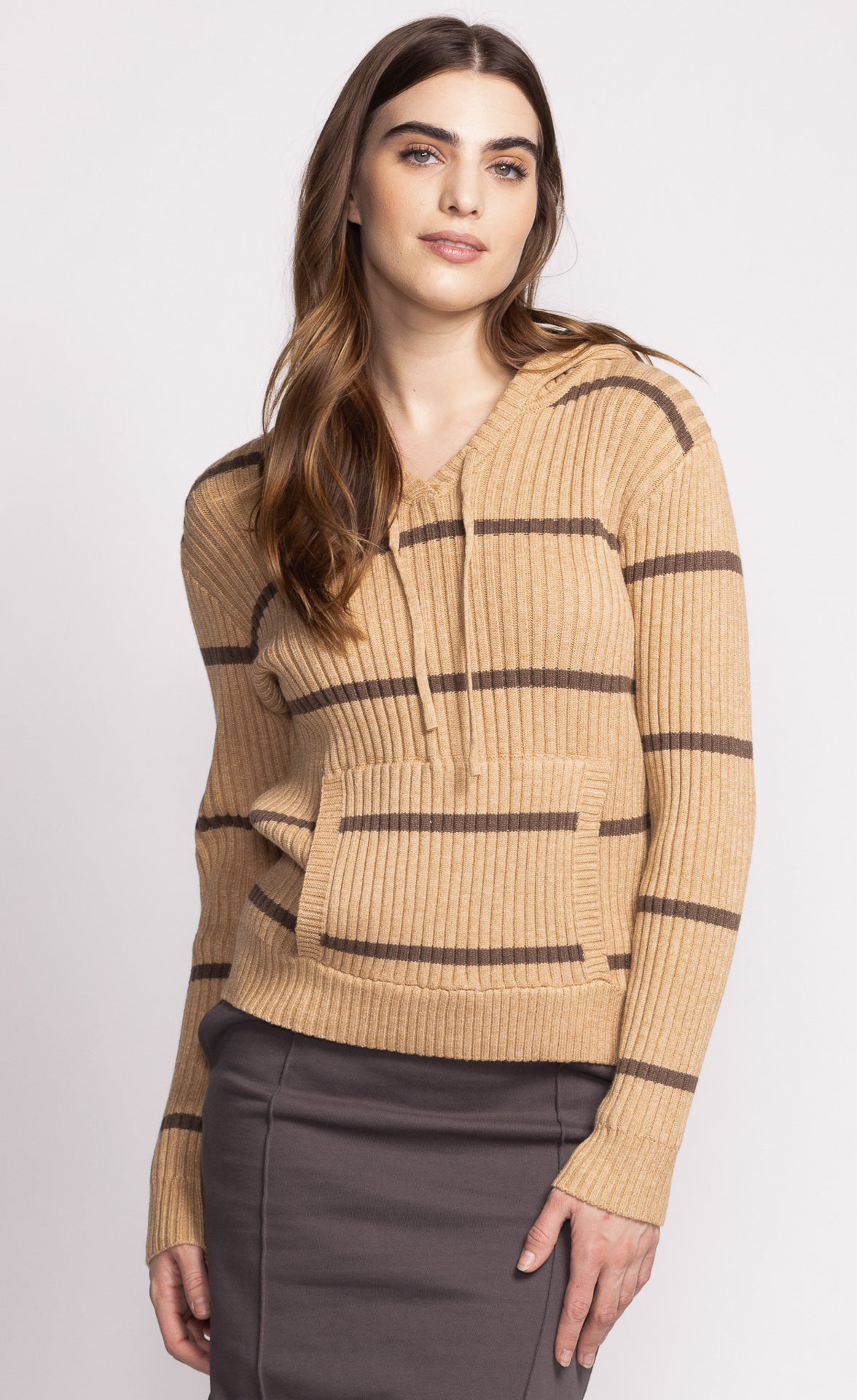 Selena Striped Beige Knit Hoodie. Style PMSW-2471B