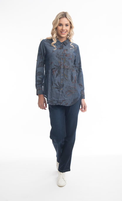 Printed Denim Button Front Top. Style ORI22962