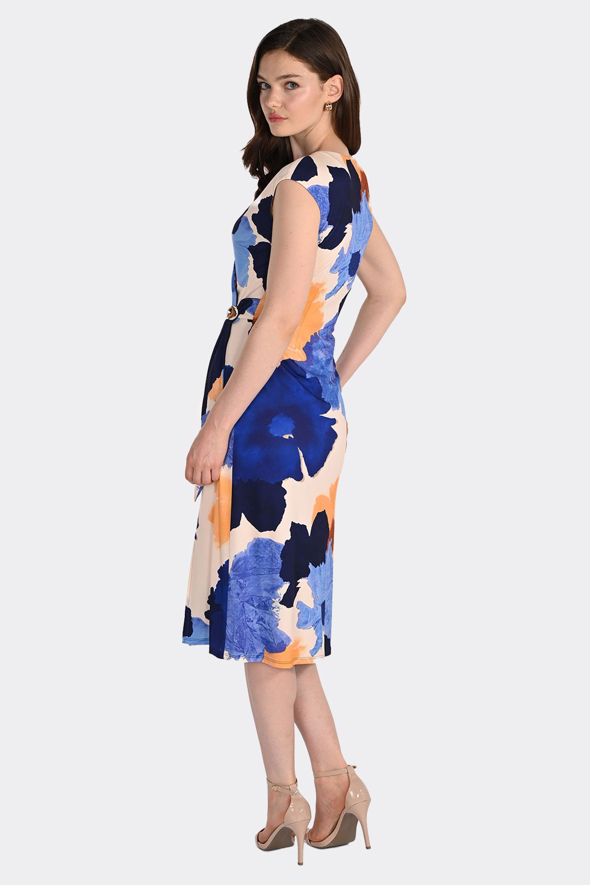 Cross-Over Side Sash Gold Clip V-Neck Midi Dress. Style FL261179