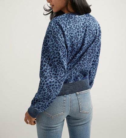 Elevated Indigo Leopard Print Crewneck. Style JAGT2335AFT690