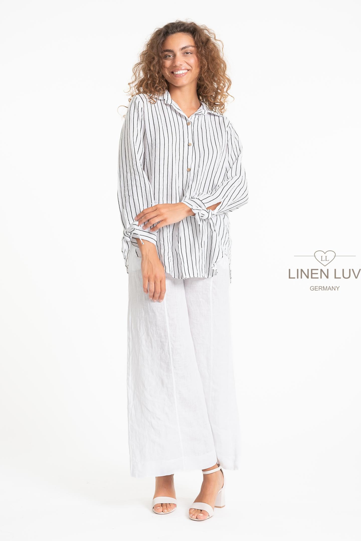 Tie Cuffs Striped Linen Top. Style LL1600