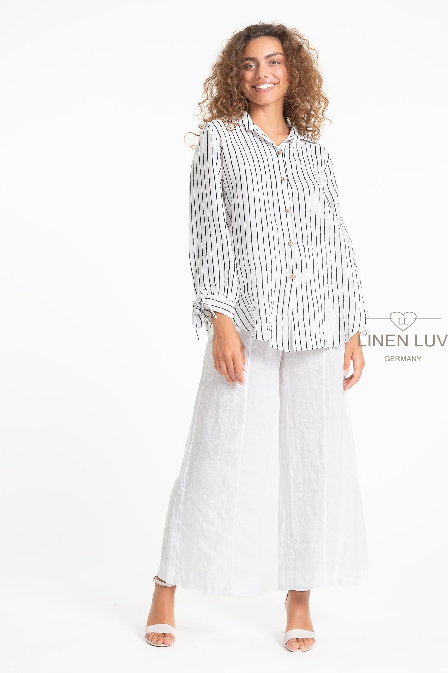 Tie Cuffs Striped Linen Top. Style LL1600