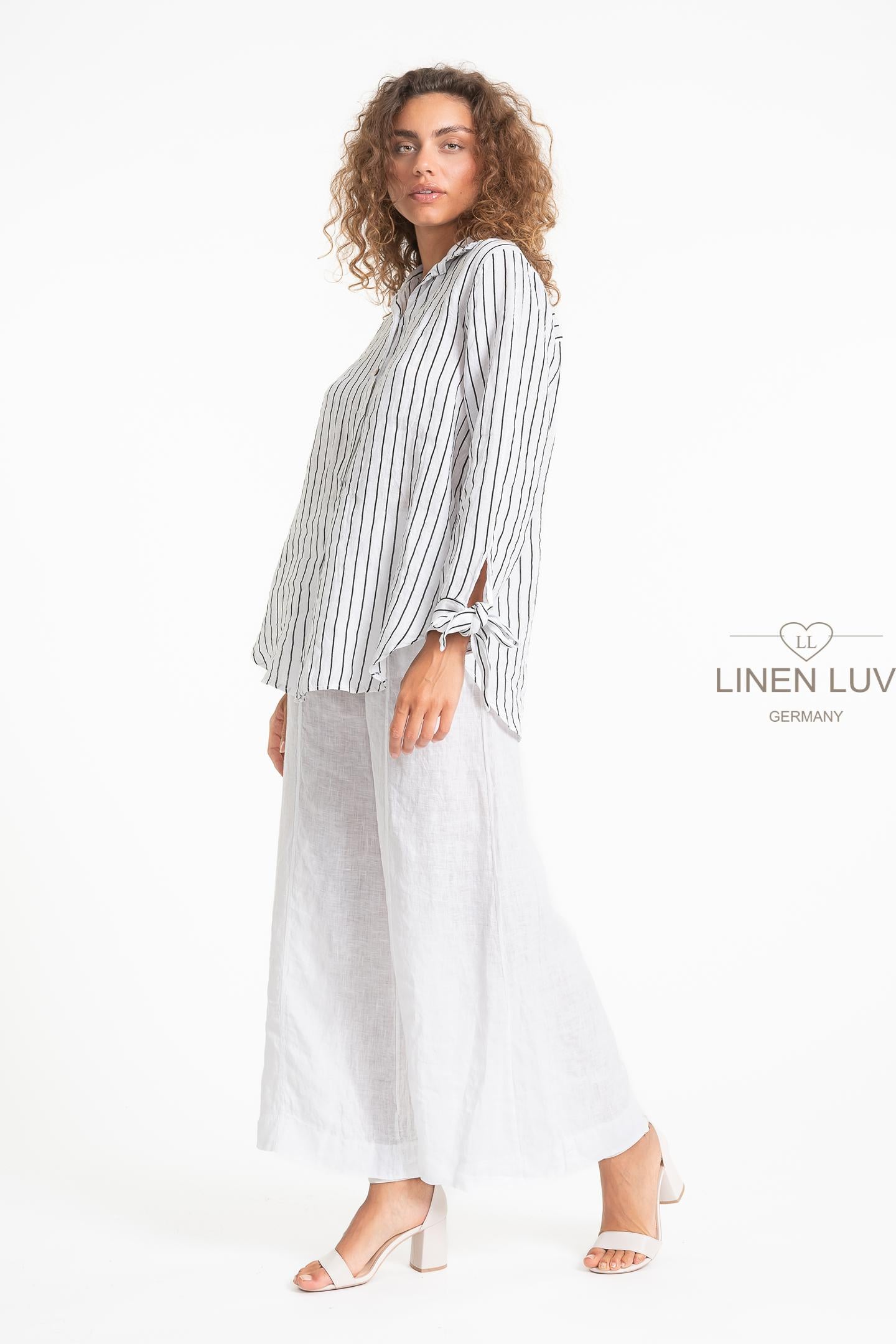 Tie Cuffs Striped Linen Top. Style LL1600