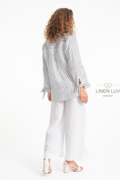 Tie Cuffs Striped Linen Top. Style LL1600