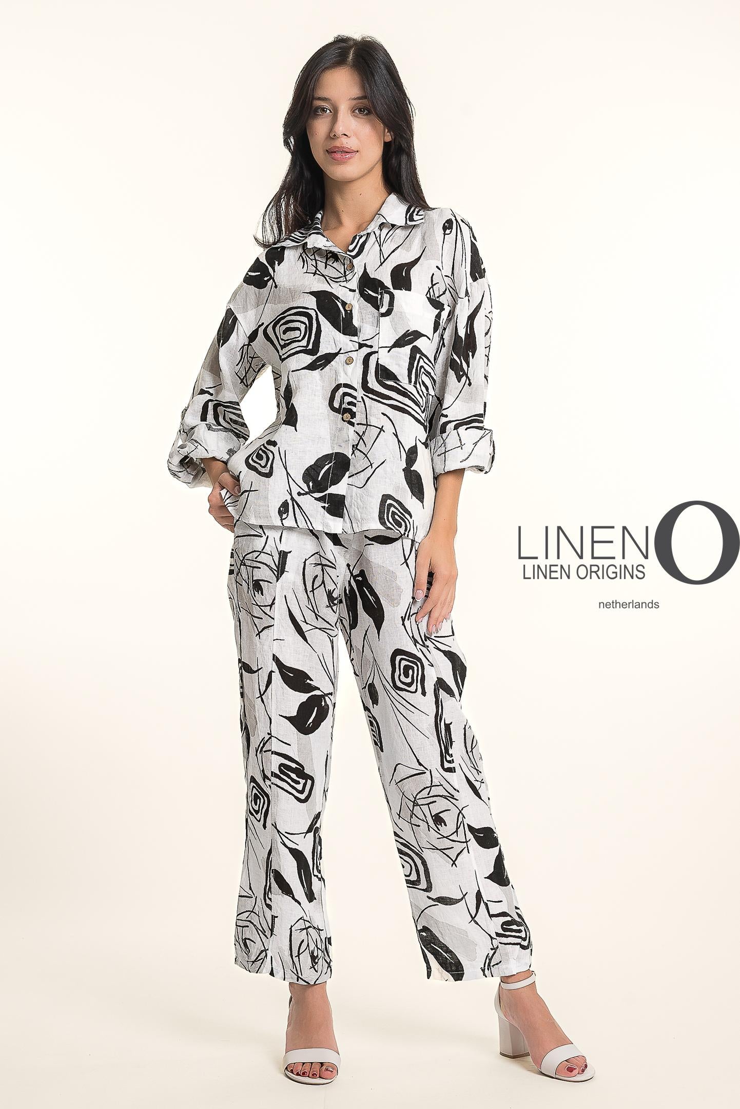 Roll-Up Sleeve Button Front Abstract Leaf Print Top. Style LOTP1685P-11