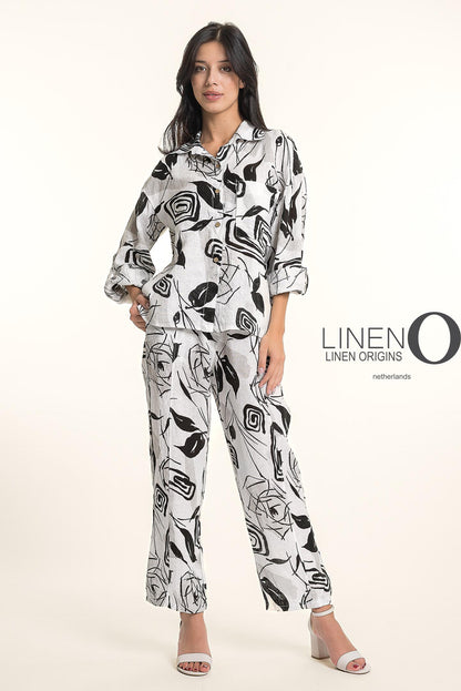 Roll-Up Sleeve Button Front Abstract Leaf Print Top. Style LOTP1685P-11