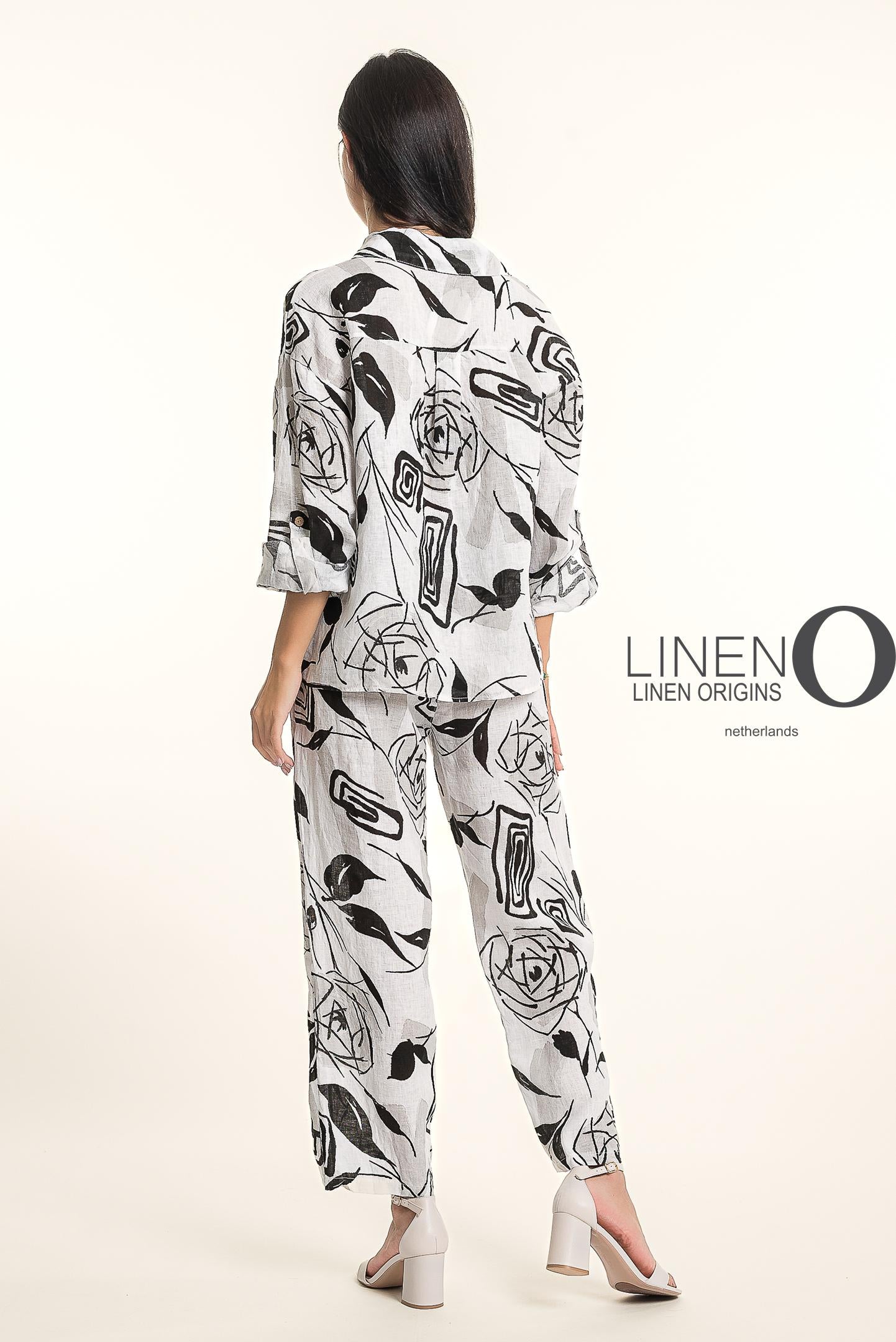 Roll-Up Sleeve Button Front Abstract Leaf Print Top. Style LOTP1685P-11