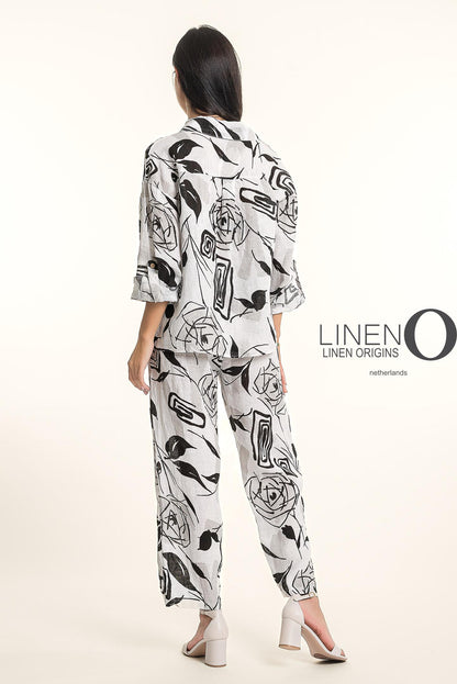 Roll-Up Sleeve Button Front Abstract Leaf Print Top. Style LOTP1685P-11
